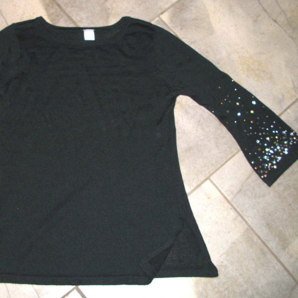 Black Long Peasant Tunic Sweater Top w Beading M